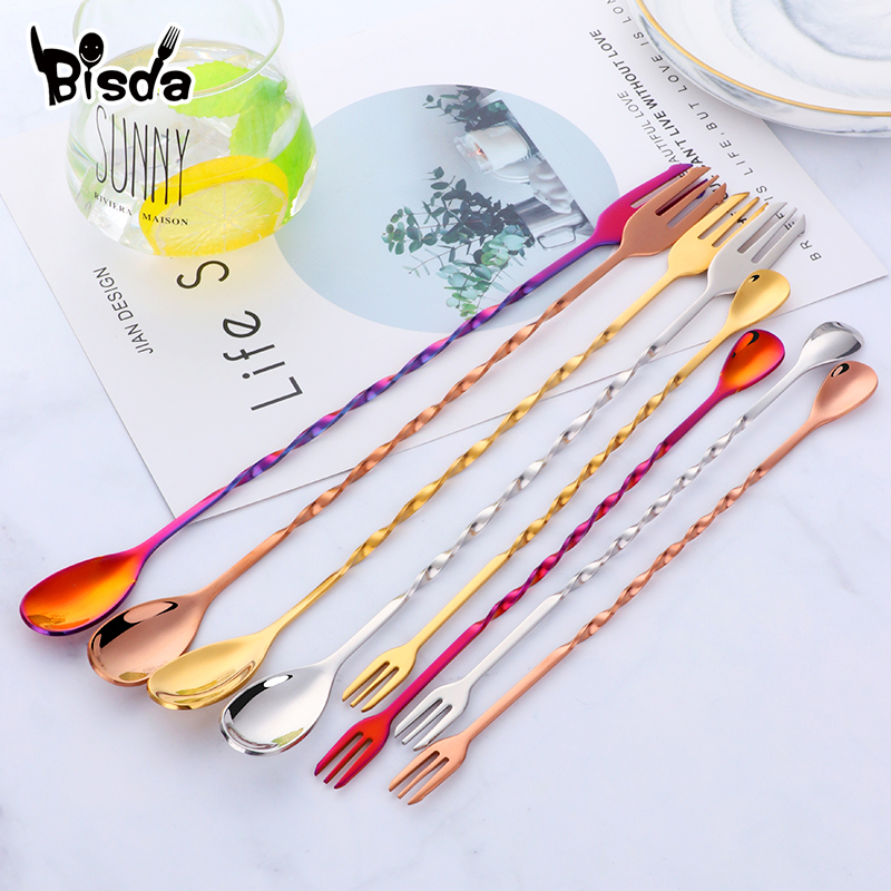 Bar Spoon Twisted - Cucchiai da cocktail bar con forchetta,
